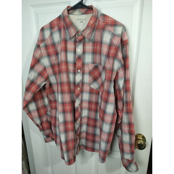 Horny Toad Men's L Shirt Collared Button Red Grey Plaid Long Sleeve - Picture 2 of 11